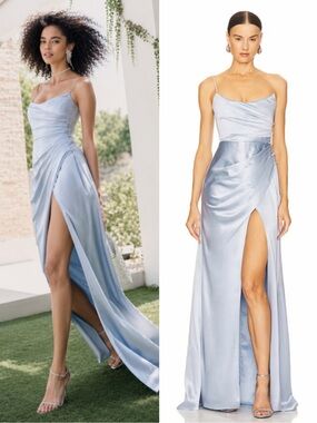 Sau Lee Pasha Gown in light Blue Satin One-Shoulder Dress Size 4 NEW! With tags!
